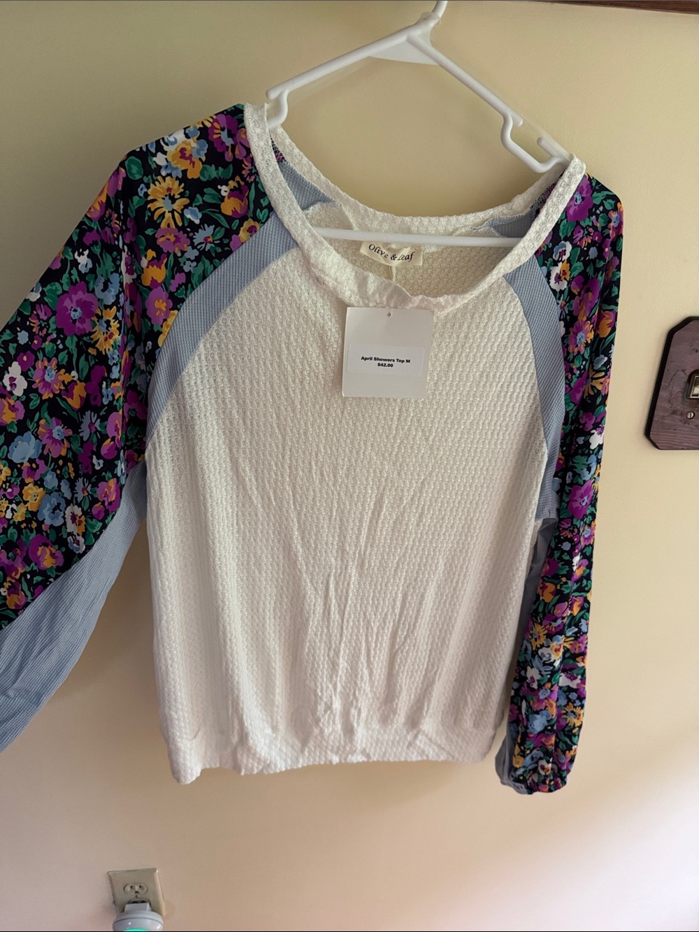 Olive & Leaf  White Pullover with Floral Raglan Sleeves